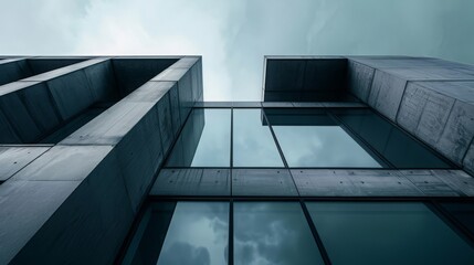 A low angle view of a modern building with large windows reflecting the cloudy sky.