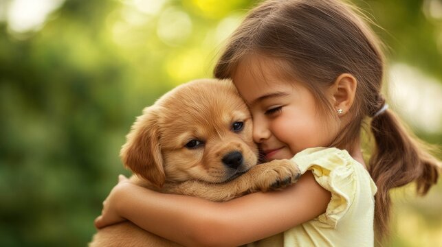 Happy little girl hugging golden retriever puppy outdoors.