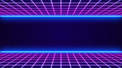 3D Synthwave terrain landscape, digital blue purple glow cyberspace laser neon grid floor perspective, abstract futuristic retrowave poster design, 80s retro night arcade game tech style background