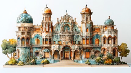 Obraz premium Art Nouveau Architectural Design, intricate colors and sustainable materials, energy-efficient features, showcasing creativity and innovation.