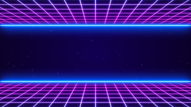 3D Synthwave terrain landscape, digital blue purple glow cyberspace laser neon grid floor perspective, abstract futuristic retrowave poster design, 80s retro night arcade game tech style background - Powered by Adobe