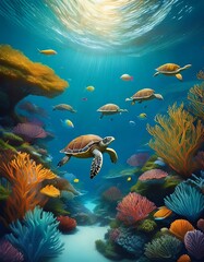 Fototapeta premium Sea turtles swim through coral