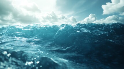 Fototapeta premium Dynamic ocean waves with a clear horizon and dramatic clouds against a vibrant sky, showcasing the majesty of nature.