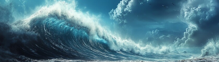 Majestic ocean wave crashing with dramatic clouds in the background, showcasing the power and beauty of nature.