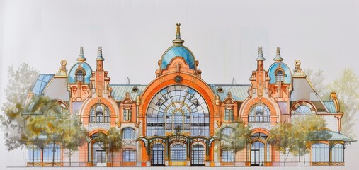 Obraz premium A grand architectural marvel blending classical and modern design, with intricate glass domes and ornate detailing. Surrounded by vibrant autumn foliage, this structure stands as a gateway to elegance