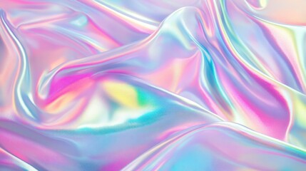 Abstract iridescent holographic background with flowing, wavy, colorful surface, pink, blue, green, yellow, light purple, silver, light turquoise, white,  shiny and sparkling.