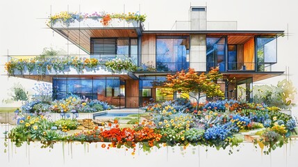 Futuristic residential design studio blending solarpunk and cyberpunk aesthetics, showcasing brutalist elements in a vivid marker and pen illustration