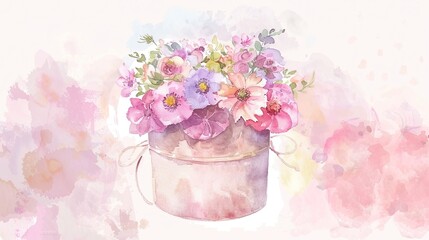 A beautiful watercolor painting of a floral arrangement in a bucket on a soft pastel background at a serene moment
