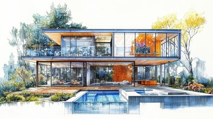 Modern solarium design, showcasing a glass house with a swimming pool, blending solarpunk, flowerpunk, and cyberpunk aesthetics, illustrated in detailed markers and pencils.