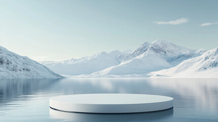 Pódio circular branco sobre água com fundo de montanha coberta de neve, em estilo futurista