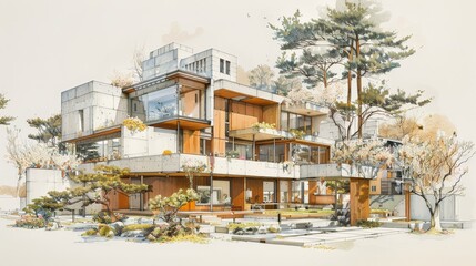 Modern residential design studio blending solarpunk and brutalism, intricate front view elevation, detailed marker and pen illustrations.