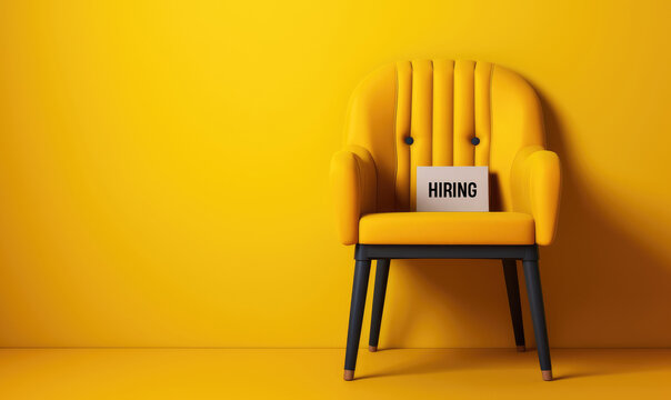 Hiring announcement with yellow chair with the text message “hiring”.  Simple advertisement social media post background for corporate business or company. Generative AI