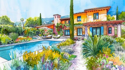 Mediterranean Villa Design, vibrant garden and pool, sustainable materials, energy efficiency, innovative architectural sketch emphasizing creativity