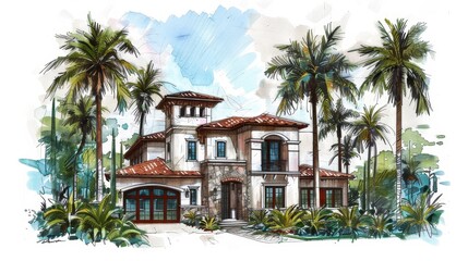 Fototapeta premium Mediterranean Villa Architectural Drawing, vibrant colors, sustainable materials, energy efficiency, creativity, innovative design elements