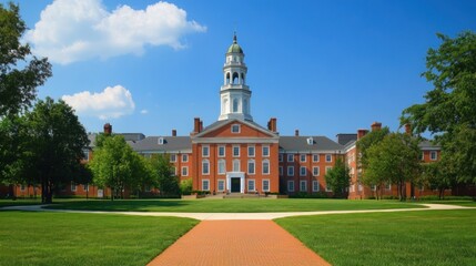 Brick pathway leading to a brick building with a clock tower in the center of a green lawn.