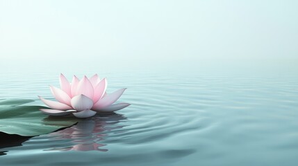 Pink lotus flower blooming on a calm blue water surface.