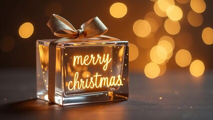 Glass Christmas gift box on bokeh golden background
