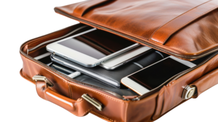 Business briefcase with digital tablet and smartphone inside on white background