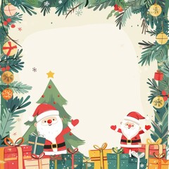 A white background with frame. Christmas tree with two santa claus standing next to it. The tree is decorated with ornaments and the santa claus are holding presents