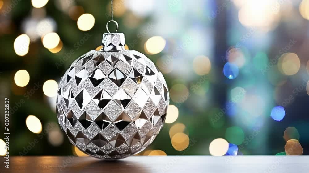 Poster silver christmas ornament hangs in front of a christmas tree with sparkling bokeh lights, creating a