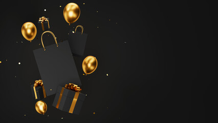 Black Friday Sale 3d illustration with black shopping bags, gift box, golden balloons and confetti floating on black background. Shopping offer business concept with place for text