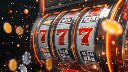 Close-up of a slot machine with three sevens lined up, glowing orange and with poker chips in the background.