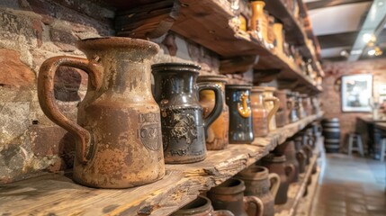 Row of antique beer steins on a rustic wooden shelf against a brick wall in a tavern.
