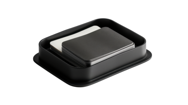 Business card holder with corporate cards on white background