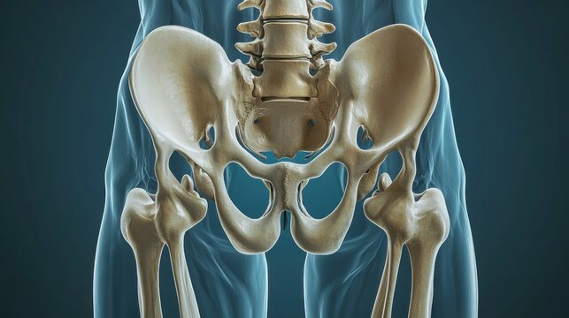 Detailed anatomical illustration of human hip bones against a blue background.