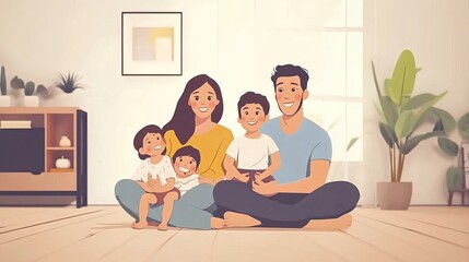 Cherishing Moments of Joy: A Heartwarming Family Portrait of Parents and Children Bonding on the Living Room Floor in Their Dream Home