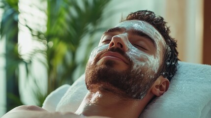 Fototapeta premium Man with a facial mask laying on a spa bed with eyes closed.