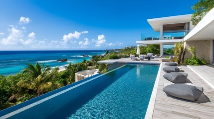 Obraz premium A luxurious beachfront villa with a stunning infinity pool, offering breathtaking views of the ocean and tropical landscape
