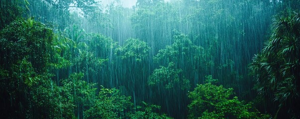 Obraz premium Lush green rainforest under heavy rainfall, showcasing the beauty of nature and the rich biodiversity of tropical ecosystems.
