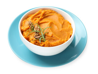 Delicious mashed sweet potatoes with walnuts and rosemary in bowl isolated on white