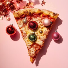 A slice of pizza topped with cheese and pepperoni, decorated with shiny ornaments against a vibrant...