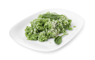 Delicious spinach risotto with parmesan cheese isolated on white