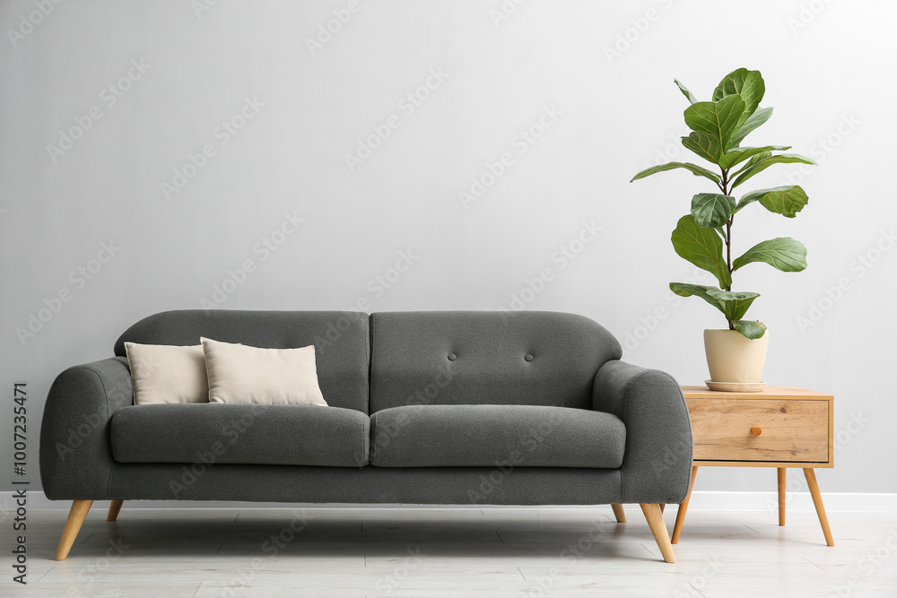 Poster Comfortable sofa, houseplant and table near grey wall in room