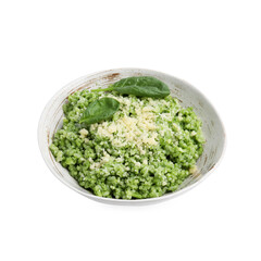 Tasty spinach risotto with parmesan cheese isolated on white