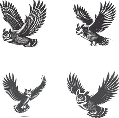 Great Horned Owl Flying Pose Silhouette | High-Quality Vector Illustration