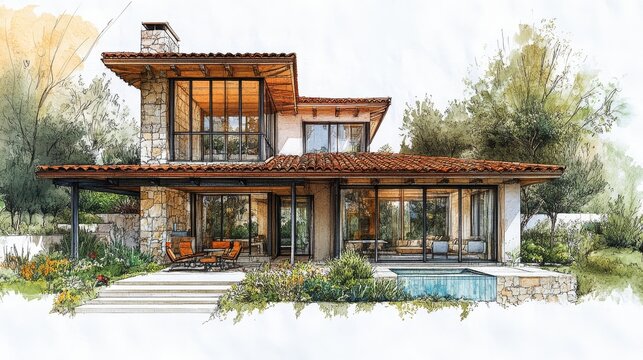 Mediterranean Villa Design, vibrant architectural sketch highlighting sustainable materials, energy efficiency, and innovative garden features.