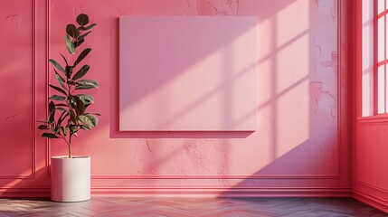 a pink wall with a plant in a vase and a picture frame on the wall