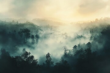 Obraz premium Serene misty forest at sunrise, with dense trees and fog creating a mysterious yet beautiful natural landscape.