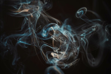 Incense burning smoke fumes and wisps. Burning aromatic incense smoky stick for meditation and relaxing. Aromatherapy smokes for yoga. Aroma sticks smoke on black background with white backlit.