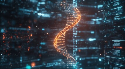 A glowing DNA strand is seen against a backdrop of digital code. The image evokes a sense of scientific discovery and the power of technology.