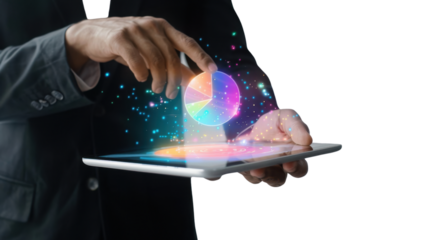 Businessperson analyzing quarterly report on tablet on white background