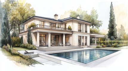 Architectural drawing of a classic Parisian house with garden and pool, highlighting sustainable materials and innovative design features.