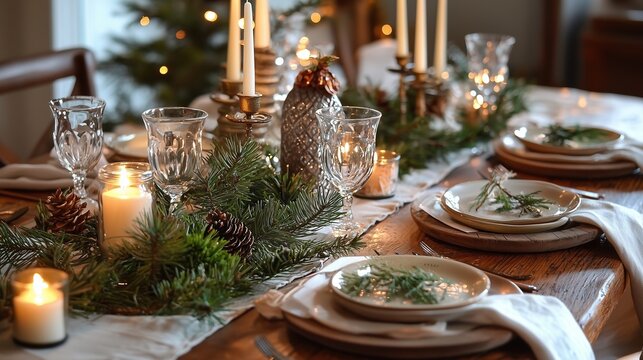 Elegant christmas table with candles, greenery, and rustic charm, symbolizing warmth and togetherness.
