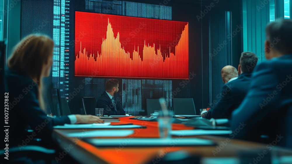 Poster a group of business professionals gather around a table, analyzing data displayed on a large screen.