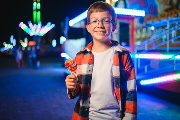 A handsome and happy boy is having fun in the amusement park