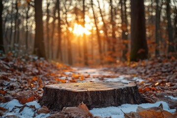 Obraz premium A large tree stump sits in the snow with leaves scattered around it, generative ai image